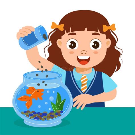 Cheerful Little Girl Feed a Fish in a Glass Aquarium. Pet Care Concept ...