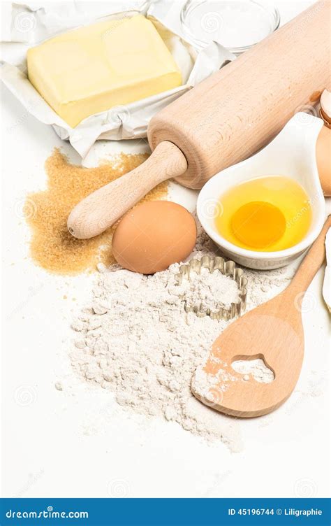 Baking Ingredients Eggs, Flour, Sugar, Butter. Kitchen Utensils Stock ...