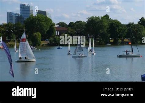 Germany, Munster, Circa 2022. Yachts and catamarans sail on Lake Aasee ...