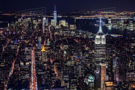 New York City Manhattan Aerial view of illuminated skyline at night # ...