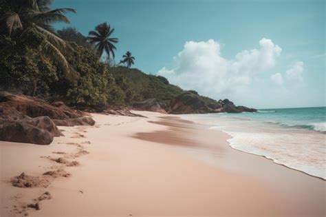 Premium AI Image | A beach with palm trees and a pink sand beach