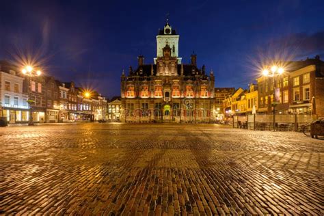 Delft Market Square Markt in the Evening. Delfth, Netherlands Stock ...