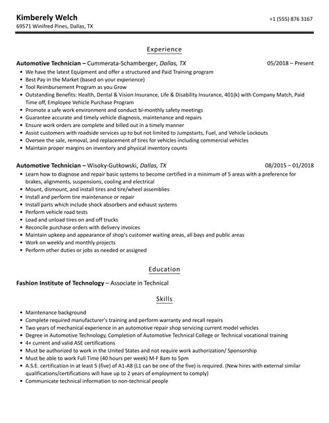 Automotive Technician Resume Samples | Velvet Jobs