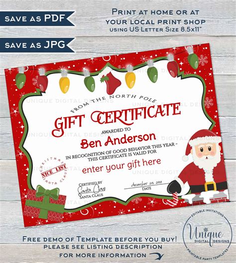 Gift Certificate , Editable Gift Certificate from Santa, Custom Santa