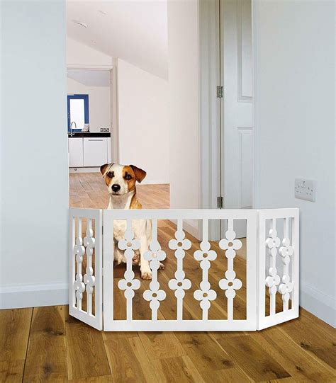 White Floral Wood Pet Dog Gate Foldable Adjustable 3-Section ...