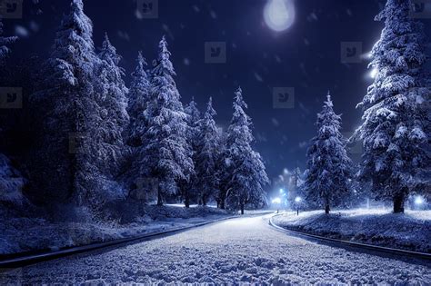 Landscape Of Snow Storm Winter Background At Night, Digital Art Design ...