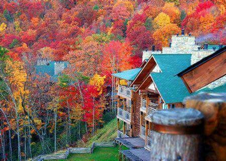 the cabin is surrounded by colorful autumn trees