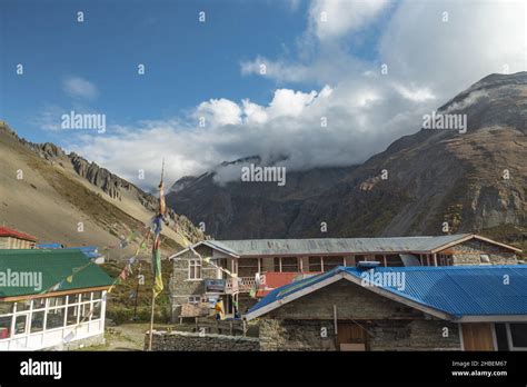 MANANG, NEPAL - Oct 07, 2021: A beautiful landscape with hotels in ...