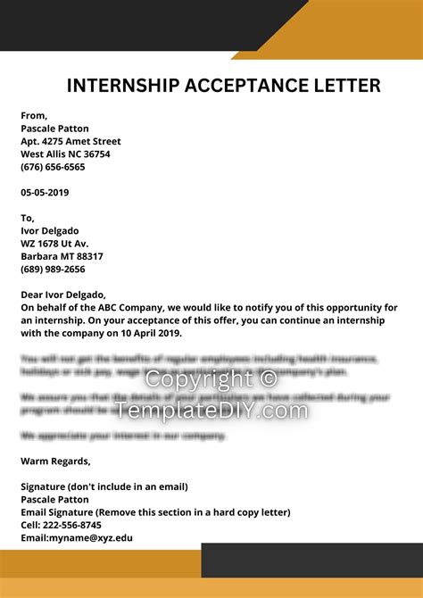 Internship Acceptance Letter Template in Pdf & Word