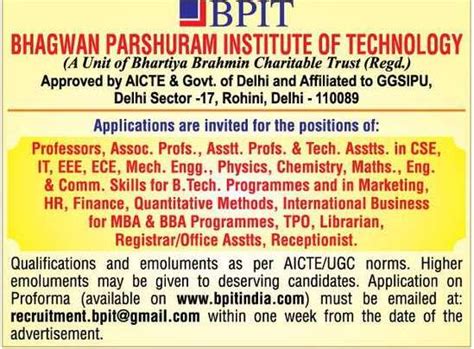 BPIT, Delhi Wanted Teaching and Non-Teaching Faculty - Faculty Teachers