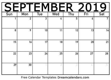 September 2019 Calendar - Free Printable with Holidays and Observances