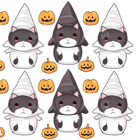 Halloween Kawaii Cat With Costume Vector Seamless Pattern, Halloween ...