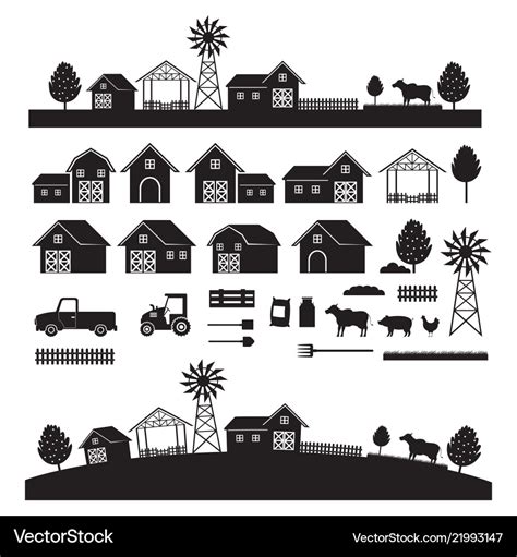 Farm objects and landscape silhouette set Vector Image