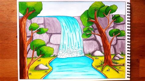 Watercolour Waterfall Drawing Easy / How to draw simple scenery for ...