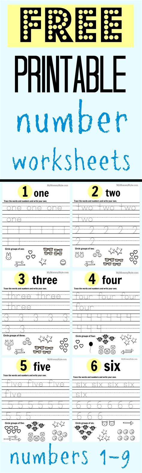 the printable worksheet for numbers 1 - 9 is shown in blue and yellow