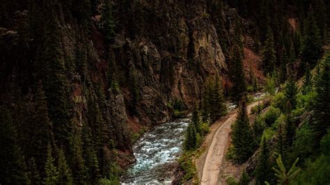 Road, river, top view, forest, cliff | picture, photo, desktop wallpaper.