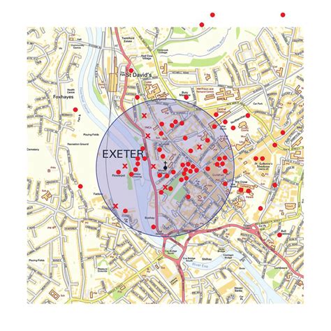 Map of Exeter city centre showing the locations of the 70 downed Common ...