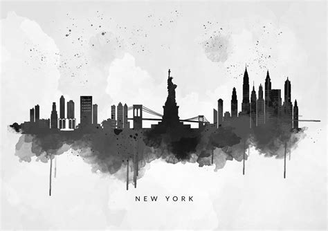 New York Skyline, Black & White Water Colour Print on Grey Wash Canvas ...