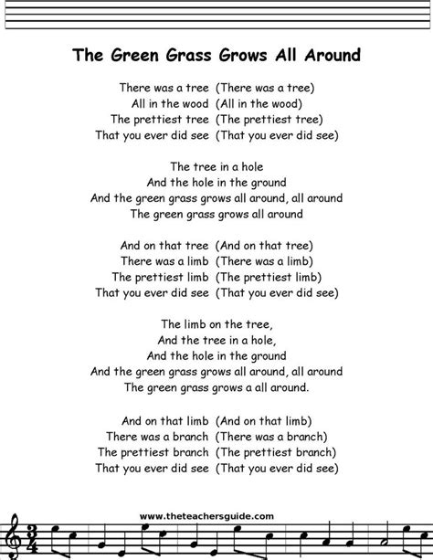 green grass grows all around lyrics printout | Kindergarten songs ...