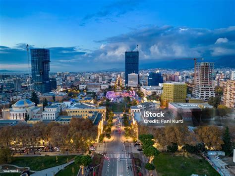 Aerial View Of Tirana At Night Skanderbeg Square Stock Photo - Download ...