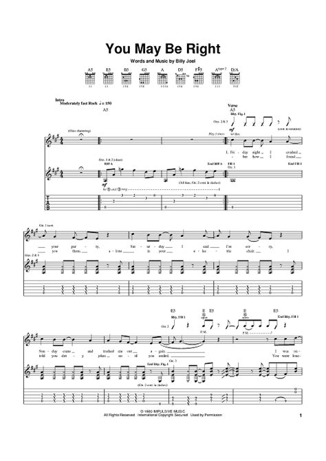 You May Be Right" Sheet Music by Billy Joel for Guitar Tab - Sheet ...