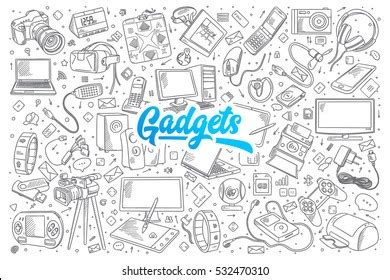 Hand Drawn Set Gadgets Doodles Blue Stock Vector (Royalty Free ...