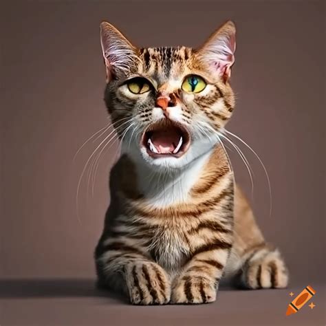 Funny cat with brown stripes hissing