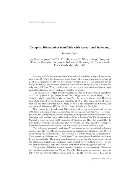 (PDF) Compact Riemannian manifolds with exceptional holonomy