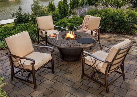 5 Piece Antique Bronze Patio Conversation Set with Fire Pit - Cream ...