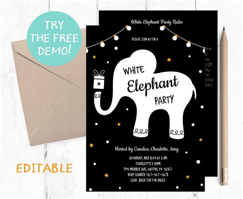 Editable White Elephant Party Invitation, White Elephant Invitation ...