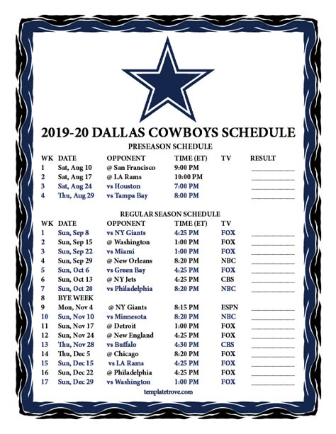 Printable 2019-2020 Dallas Cowboys Schedule