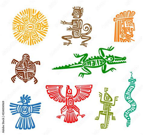 Mayan aztec totems of ancient mexican eagle bird, monkey, snake and ...