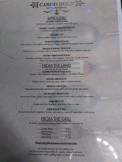 Menu at Cargo Hold Restaurant, Durban