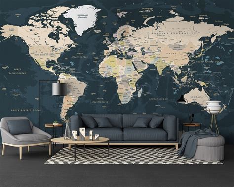 Map Wallpaper Peel and Stick Self Adhesive Dark Political | Etsy