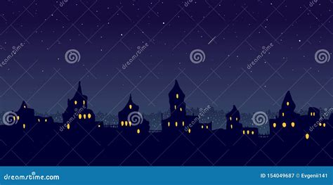 Cartoon Vintage Town at Night. Stock Illustration - Illustration of ...