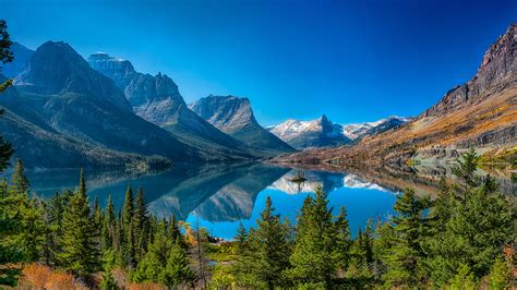 壁紙、2560x1440、アメリカ合衆国、公園、山、湖、風景写真、St Mary Lake Glacier National Park、トウヒ ...