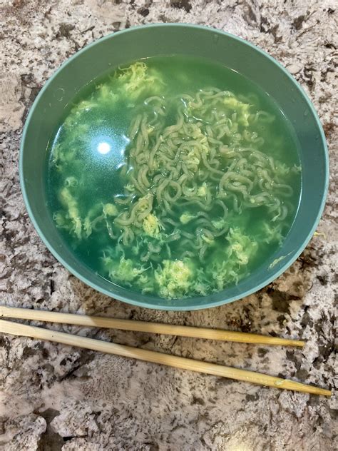 Instant ramen egg drop soup but used blue food coloring instead of ...