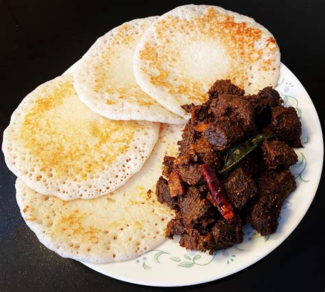 [Homemade] Kerala Style Beef Fry with Appams made with Rice Flour and ...