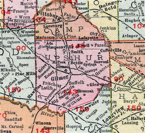 Upshur County, Texas, 1911, Map, Rand McNally, Gilmer, Big Sandy, Glenwood