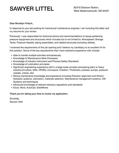 Mechanical Maintenance Engineer Cover Letter | Velvet Jobs