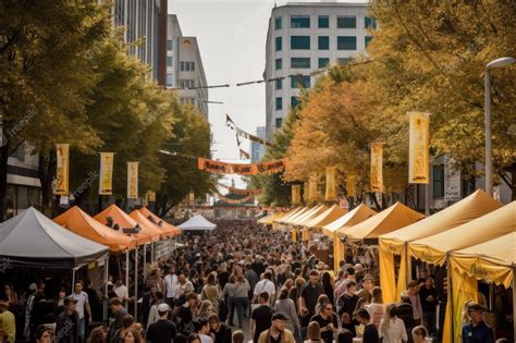 Premium AI Image | A crowd of people at a festival with orange tents ...