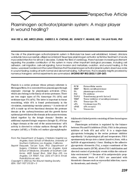 (PDF) Plasminogen activator/plasmin system: A major player in wound ...