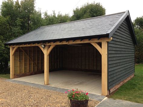 Oak Framed Car Port Kits - 2 Bay Garage with Low Pitch Hipped Roof ...