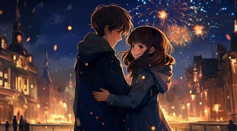 Free Photo | Beautiful anime couple on new year's eve