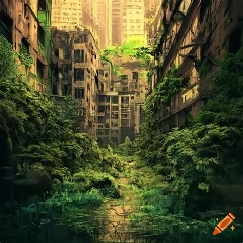 A post apocalyptic city overgrown with plants