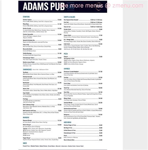 Menu at The Adams Pub, Quincy