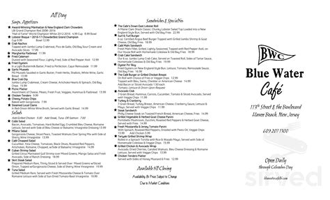 Blue Water Cafe menu in Beach Haven, New Jersey, USA