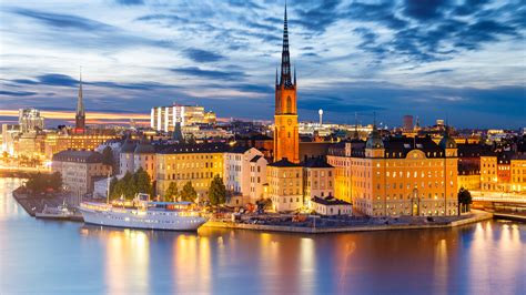 Wallpaper Stockholm Sweden Tower Coast Evening Houses 3840x2160