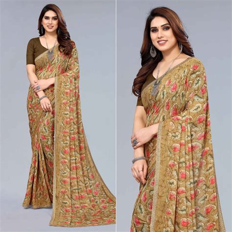 Beige Printed Georgette Saree With Crochet Border