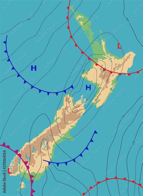 Realistic weather map of the New Zealand showing isobars and weather ...